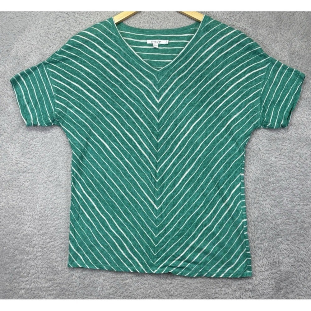 Chico's Women's Size 2 Large Linen Striped V Neck Top Green White Coastal Preppy